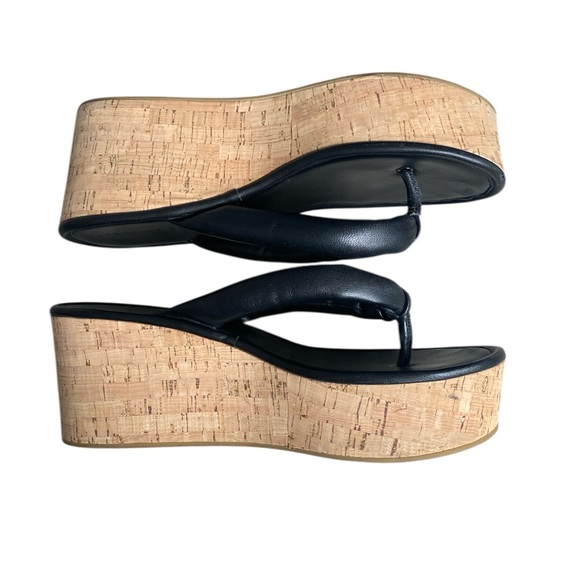 Veronica Beard Black Geno Cork Wedge Platform Thong Sandals Leather size 9 - Picture 5 of 13